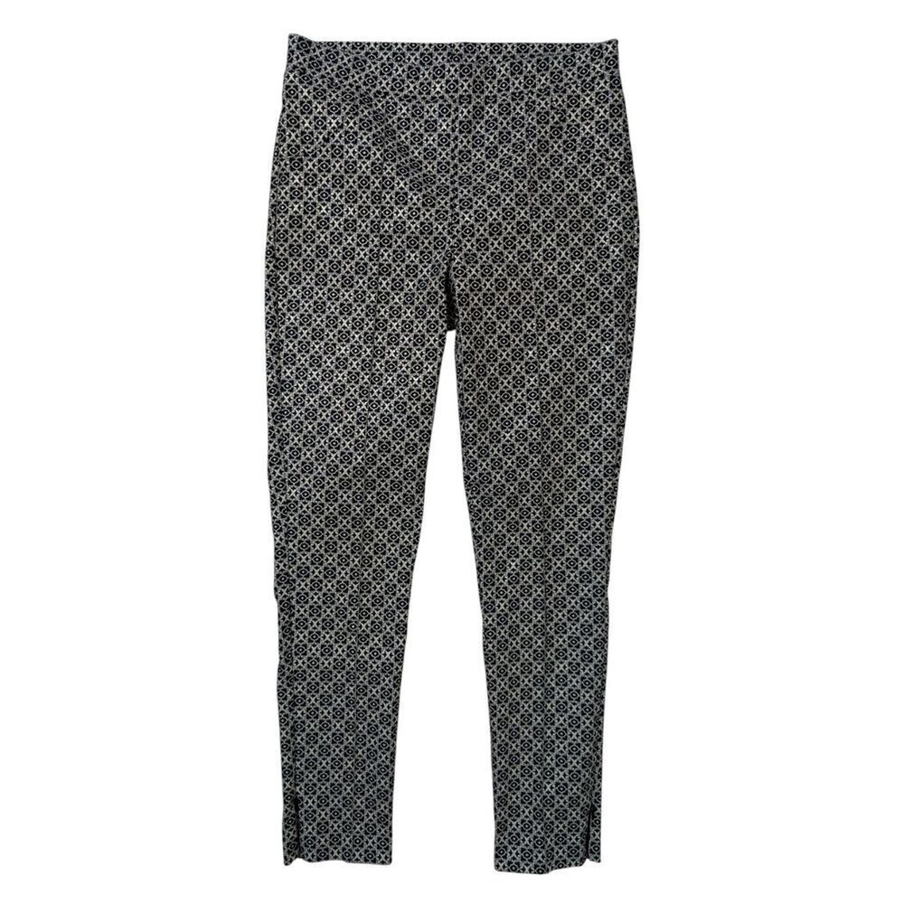 Joseph Ribkoff Metallic Jacquard Ankle Pants 8 Black Cream Zip Hem